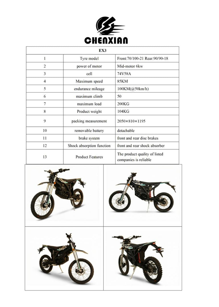Chenxian EX3 Electric Dirt Bike – 6KW Mid‑Motor, 74V58A Battery, 85 KM/h Max Speed, 100 KM Range