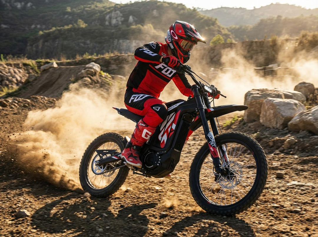Person riding a dirt bike on a rocky trail with a scenic background