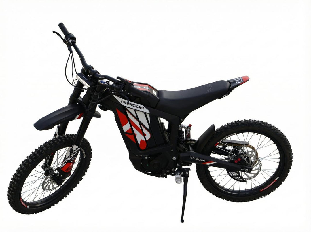 Black electric bike with red accents on a white background