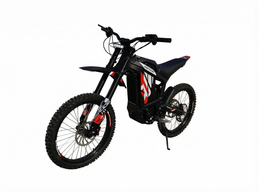 Black electric bike with red accents on a white background