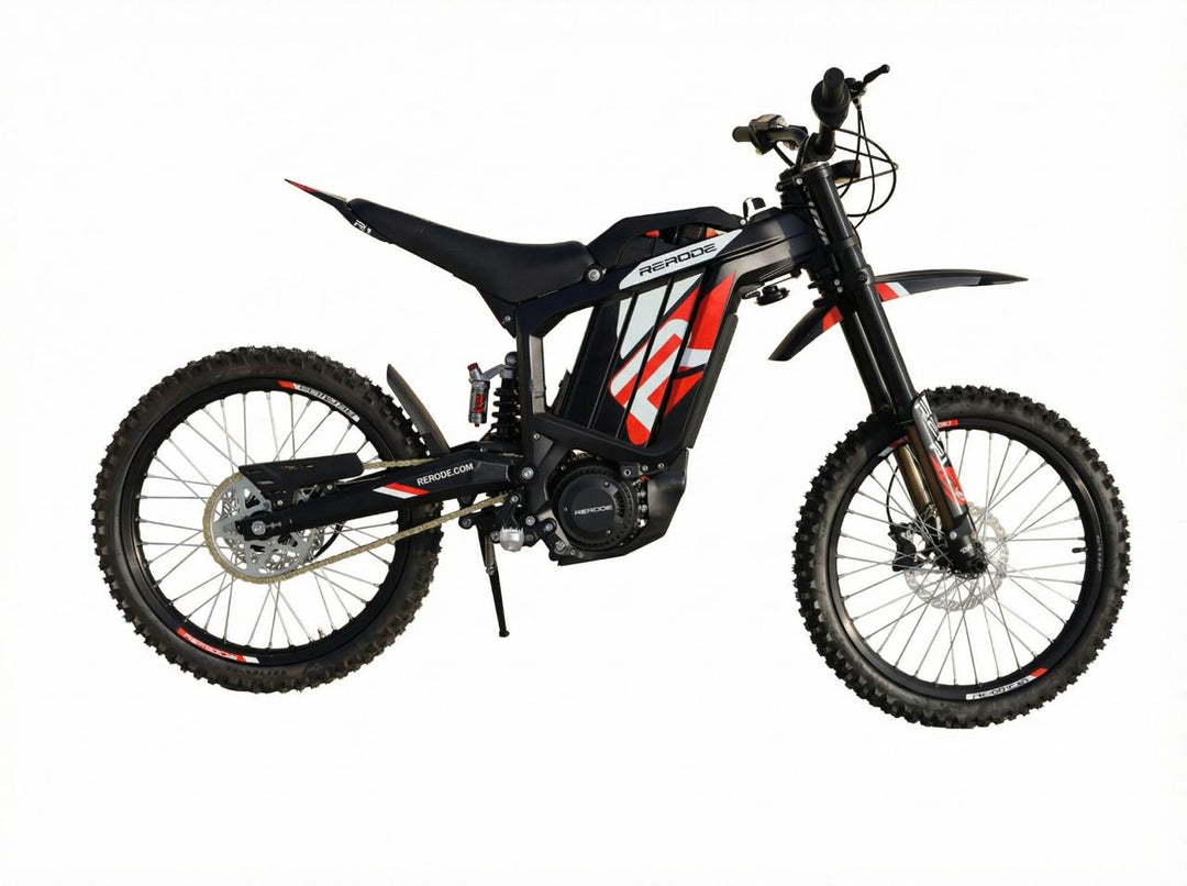 Black electric bike with red and white design on a white background