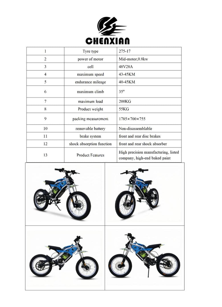 Chenxian Electric Bike – 0.8KW Mid‑Motor, 48V28A Battery, 45 KM/h Speed, Front & Rear Disc Brakes