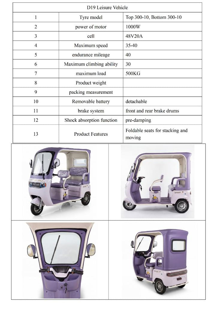 Chenxian D19 Electric Leisure Vehicle – 1000W Motor, 48V20A Battery, 3‑Wheel Detachable Design, Foldable Seats